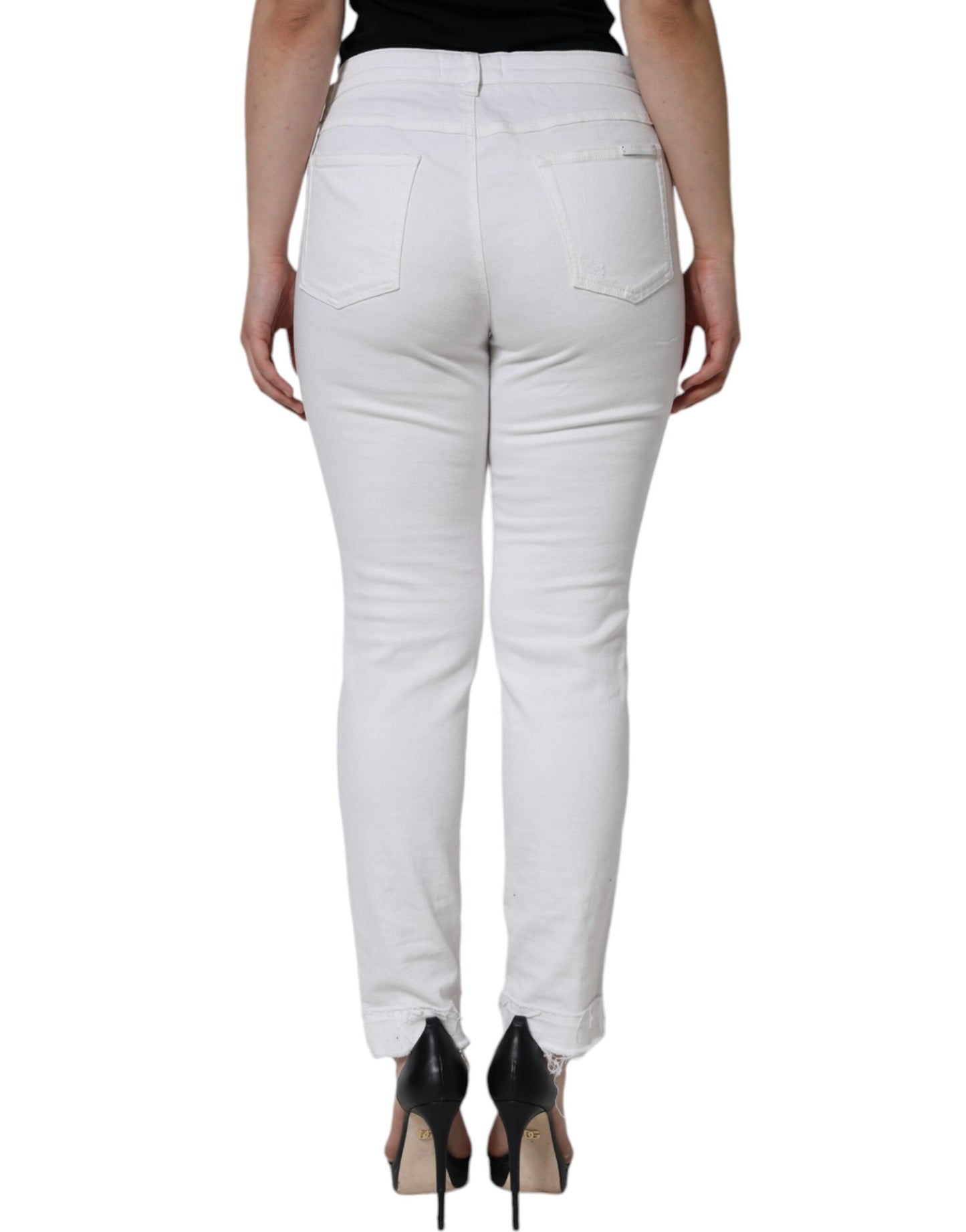 Dolce & Gabbana White Cotton Stretch Tattered Skinny Jeans