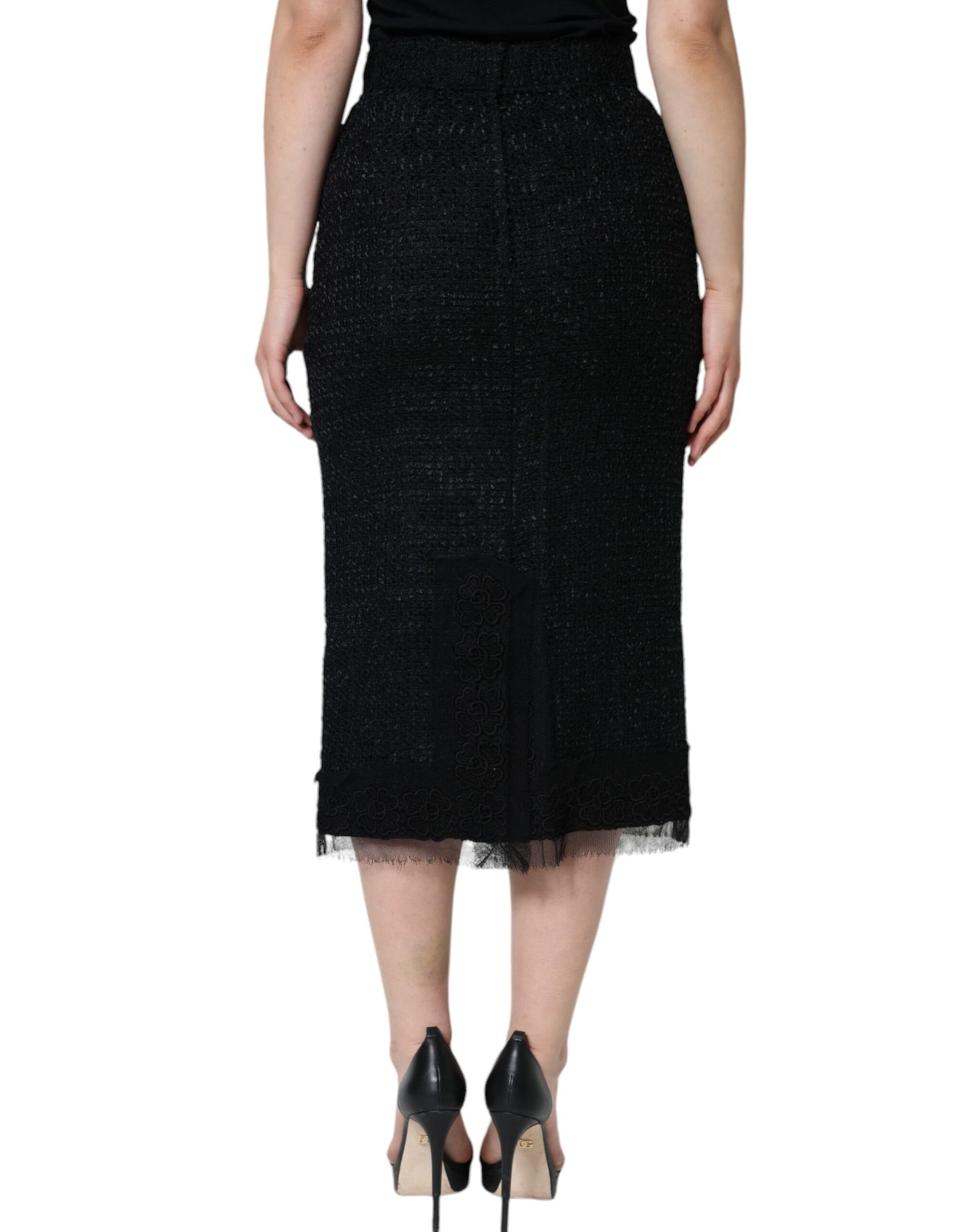 Dolce & Gabbana Black Virgin Wool Pencil Cut Midi Skirt