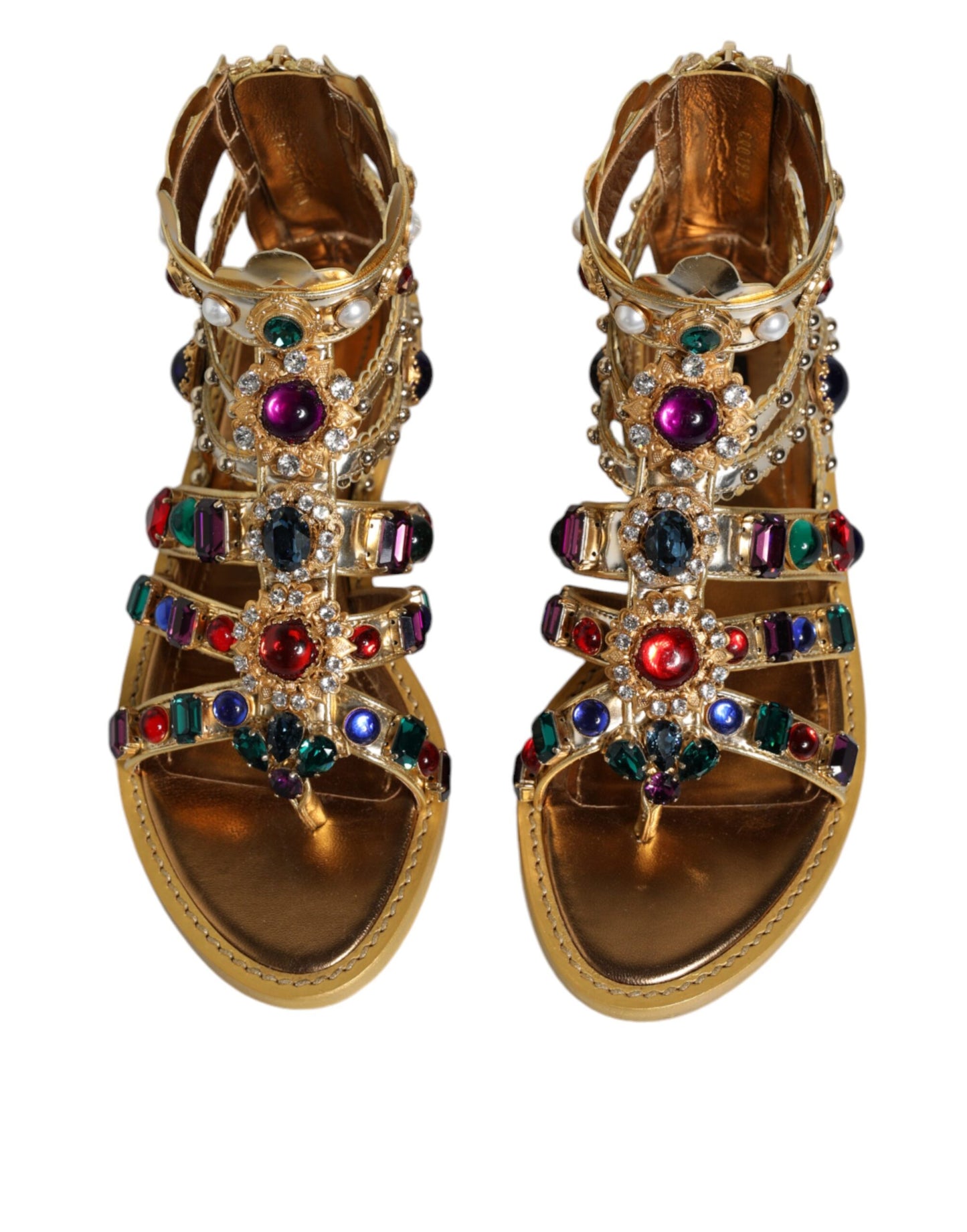 Dolce & Gabbana Gold Leather Crystal Gladiator Sandals Flats Shoes