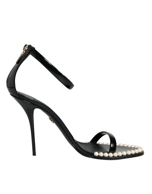 Dolce & Gabbana Black Keira Leather Faux Pearl Sandals Heels Shoes