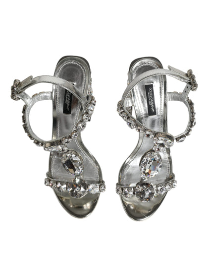 Dolce & Gabbana Silver Leather T-strap Crystal Sandals Shoes