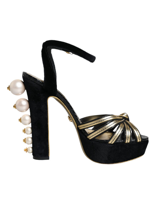 Dolce & Gabbana Black Leather Faux Pearl Heel Sandals Shoes