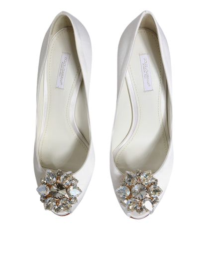 Dolce & Gabbana White Crystals Peep Toe Satin Pumps Shoes