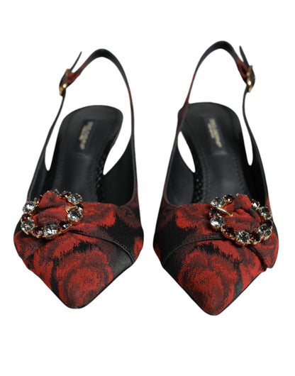 Dolce & Gabbana Black Red Floral Crystal Heel Slingback Shoes