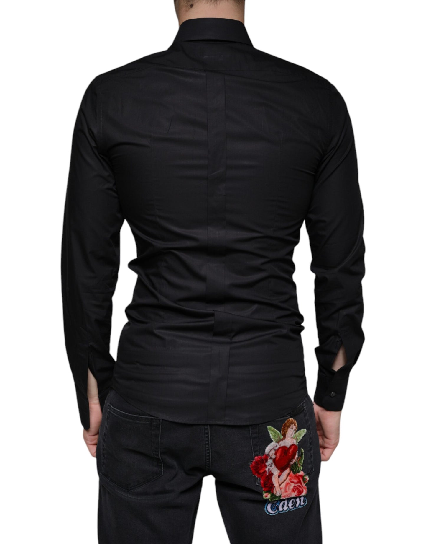 Dolce & Gabbana Black Cotton Stretch Dress GOLD Formal Shirt