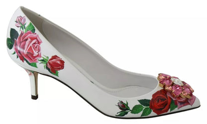 Dolce & Gabbana White Leather Roses Crystal Pumps Shoes