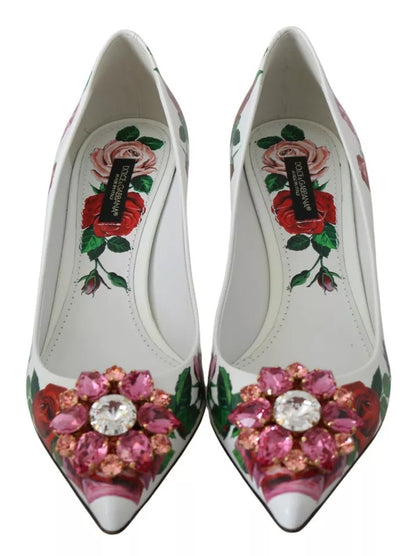 Dolce & Gabbana White Leather Roses Crystal Pumps Shoes