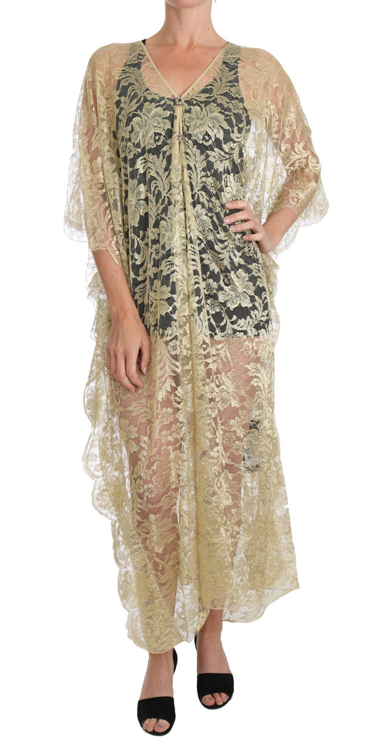 Dolce & Gabbana Golden Floral Lace Kaftan Sundress