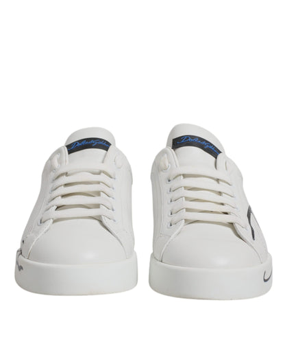 Dolce & Gabbana White Blue Logo Leather Portofino Sneaker Shoes