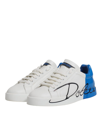 Dolce & Gabbana White Blue Logo Leather Portofino Sneaker Shoes