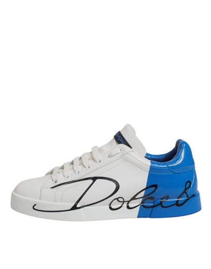 Dolce & Gabbana White Blue Logo Leather Portofino Sneaker Shoes
