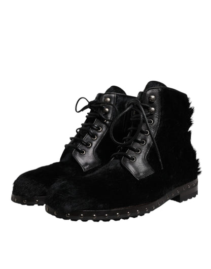Dolce & Gabbana Black Pony Style Leather Mid Calf Boots Shoes