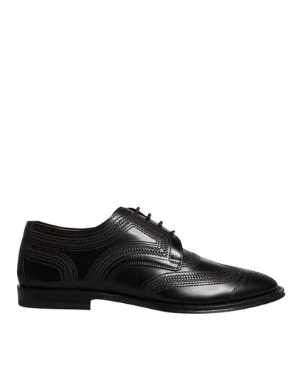 Dolce & Gabbana Black Embroidered Classic Leather Derby Dress Shoes