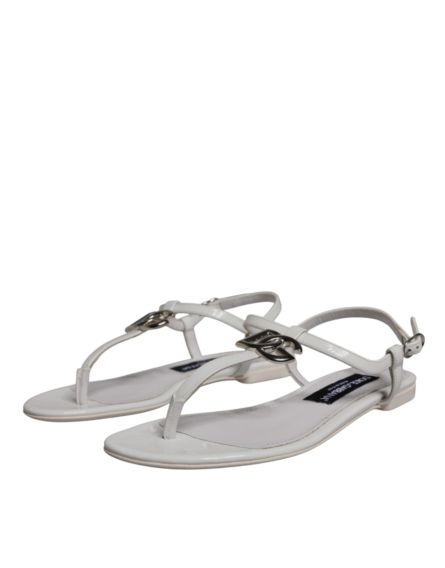 Dolce & Gabbana White Leather Logo Ankle Strap Sandals Shoes