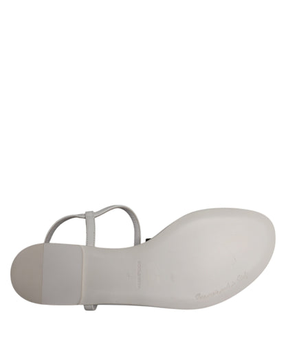 Dolce & Gabbana White Leather Logo Ankle Strap Sandals Shoes