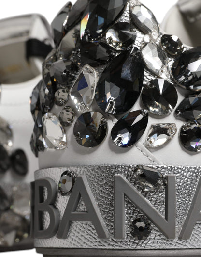 Dolce & Gabbana White Silver Crystal Logo Portofino Sneakers Shoes