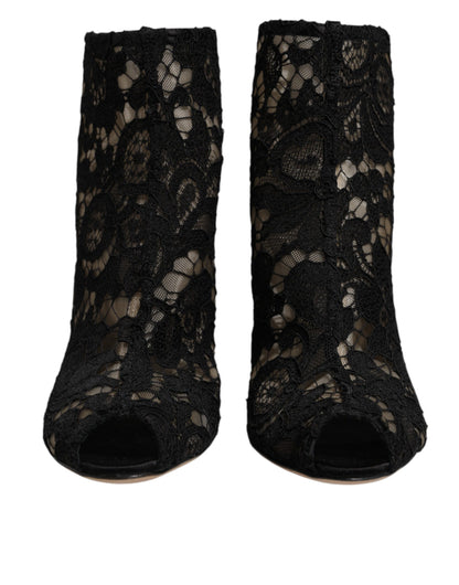 Dolce & Gabbana Black Floral Lace Heels Ankle Boots Shoes