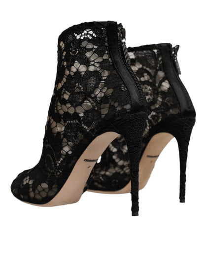 Dolce & Gabbana Black Floral Lace Heels Ankle Boots Shoes