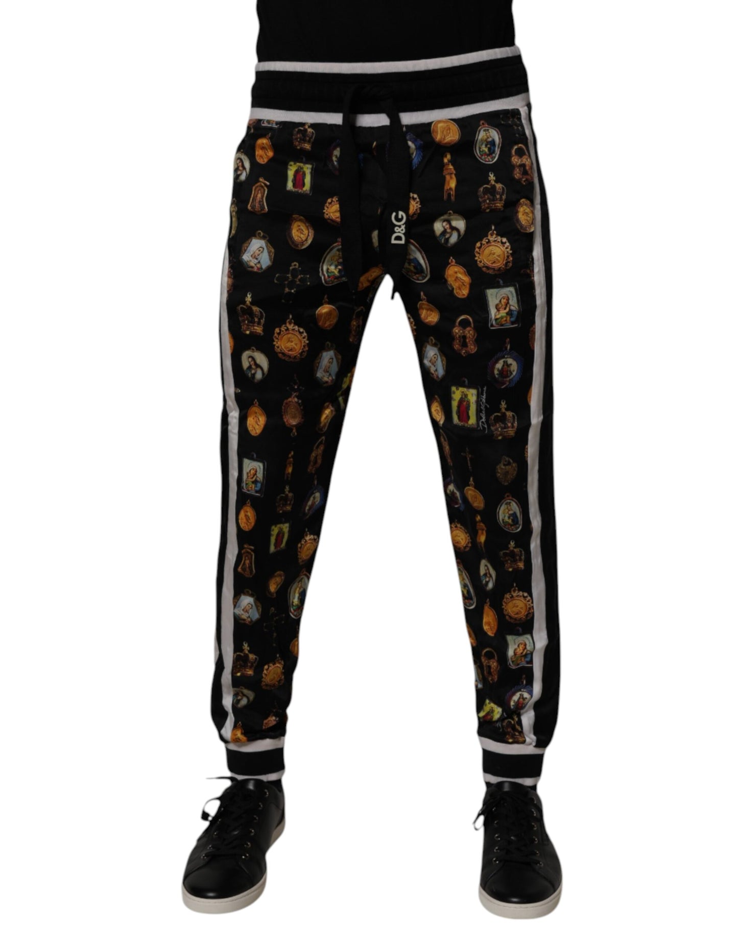 Dolce & Gabbana Black Religious Print Silk Men Jogger Pants