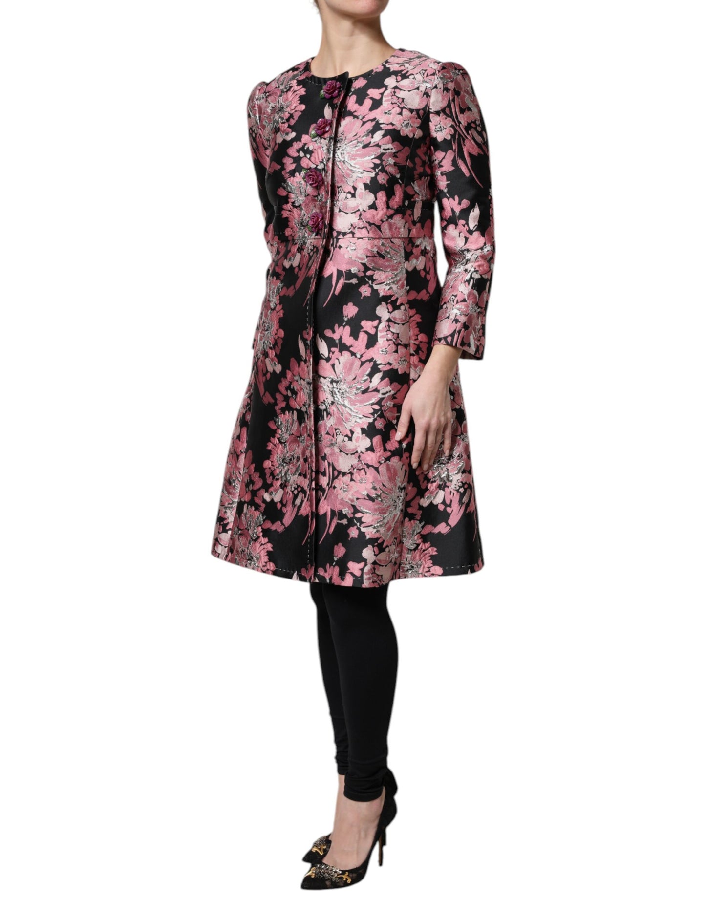 Dolce & Gabbana Pink Black Floral Brocade Trenchcoat Jacket