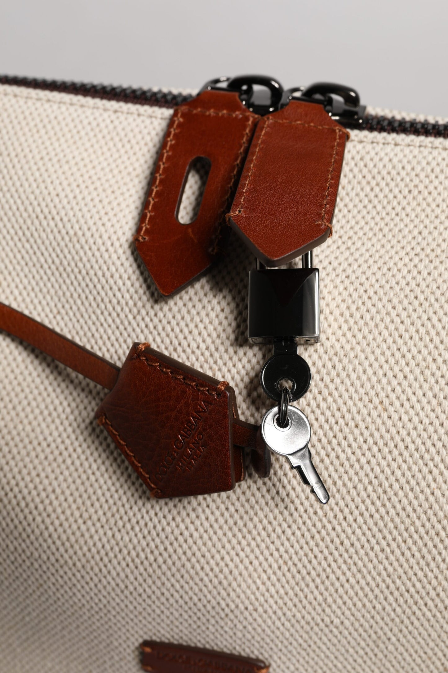 Dolce & Gabbana Beige Brown Cotton Leather Duffle Shoulder Bag