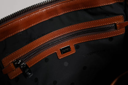 Dolce & Gabbana Beige Brown Cotton Leather Duffle Shoulder Bag