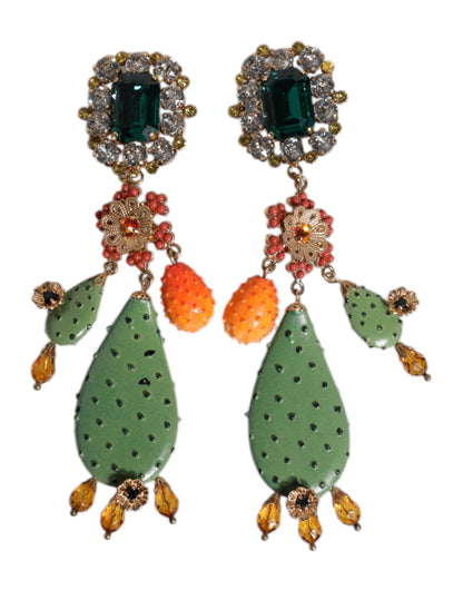 Dolce & Gabbana Green Cactus Crystal Clip On Dangling Jewelry Earrings