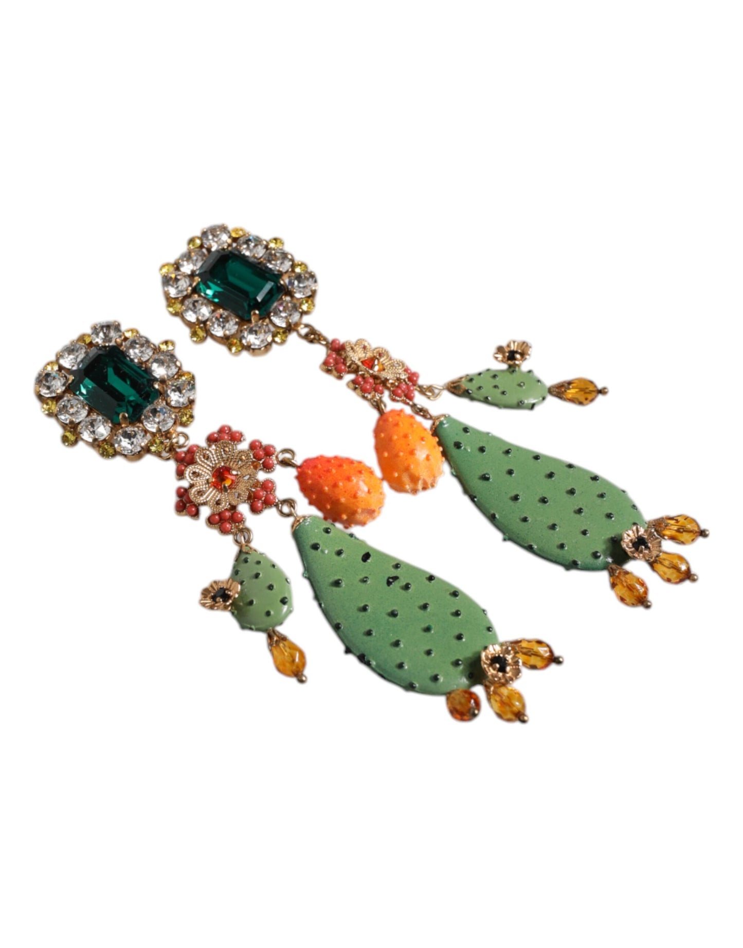 Dolce & Gabbana Green Cactus Crystal Clip On Dangling Jewelry Earrings