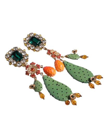 Dolce & Gabbana Green Cactus Crystal Clip On Dangling Jewelry Earrings