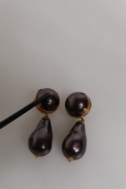 Dolce & Gabbana Gold Brass Black Pearl Clip On Dangling Jewelry Earrings