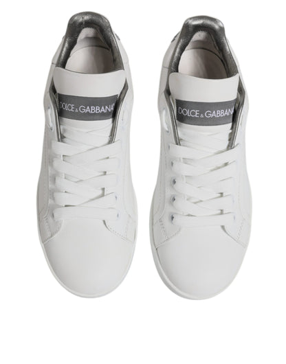 Dolce & Gabbana White Gray Leather Low Top Sneakers Shoes