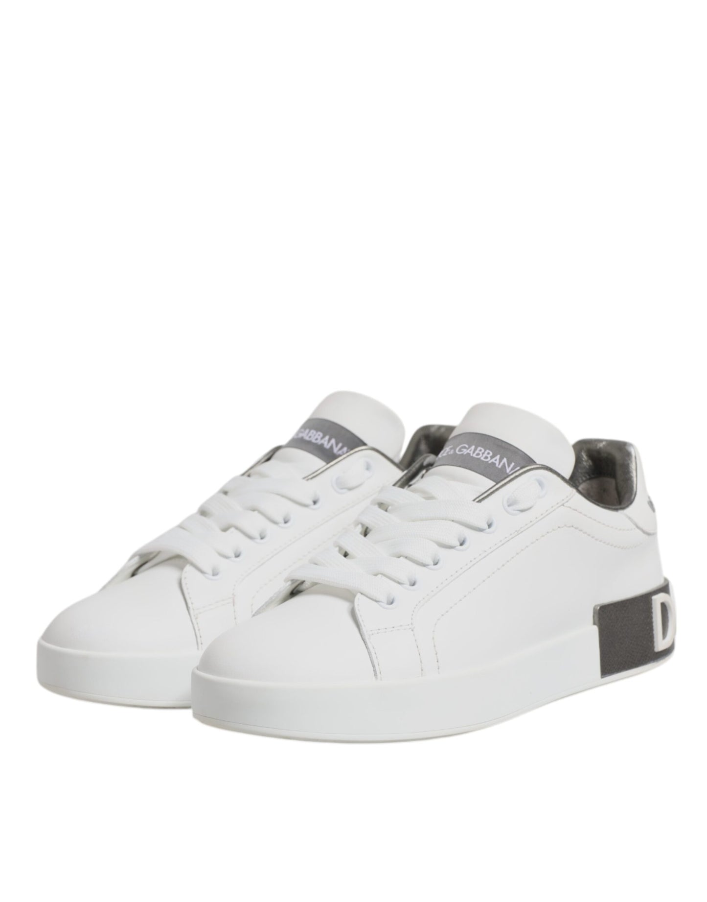 Dolce & Gabbana White Gray Leather Low Top Sneakers Shoes