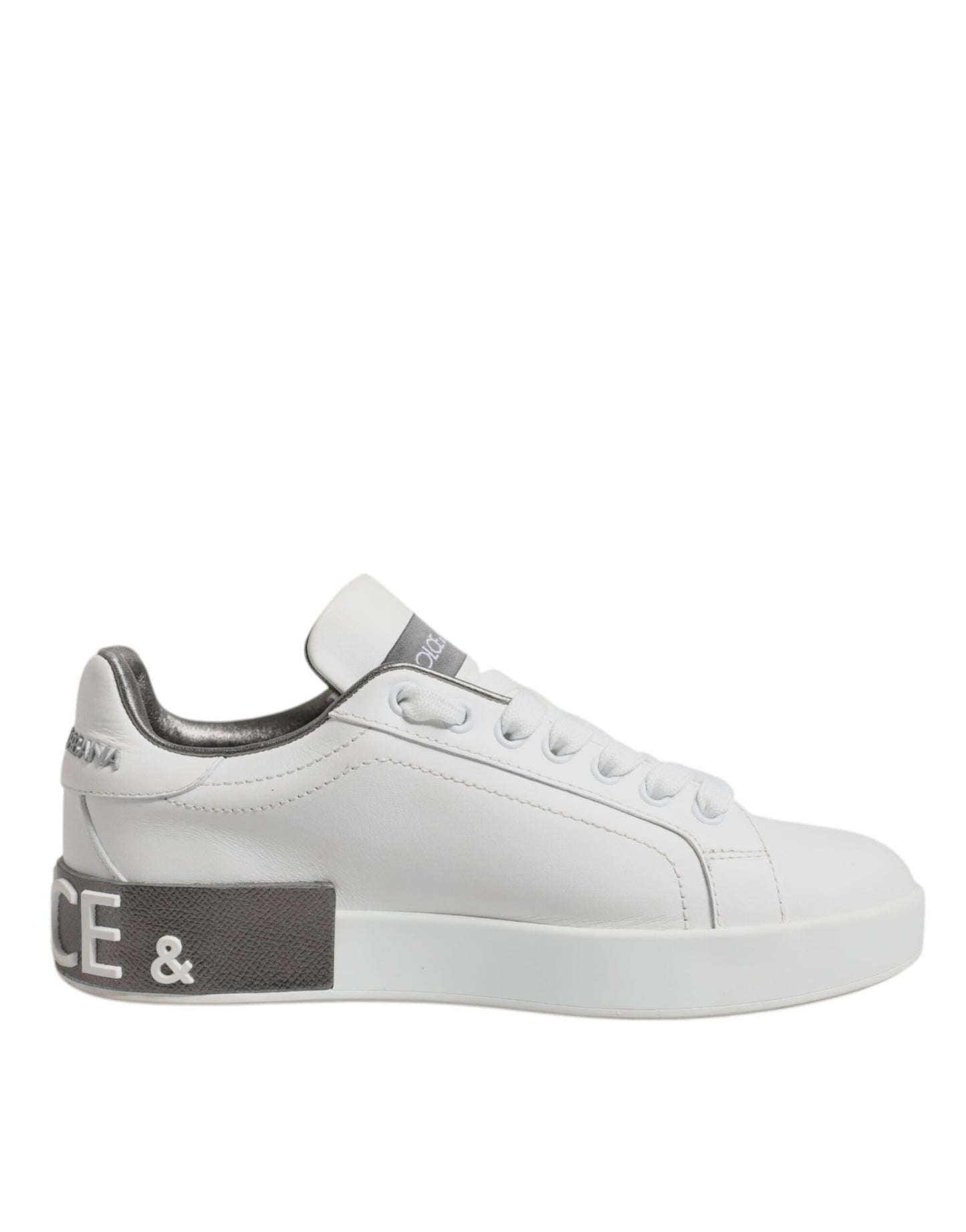 Dolce & Gabbana White Gray Leather Low Top Sneakers Shoes