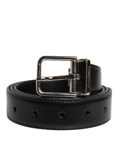 Dolce & Gabbana Black Calf Leather Silver Metal Buckle Belt