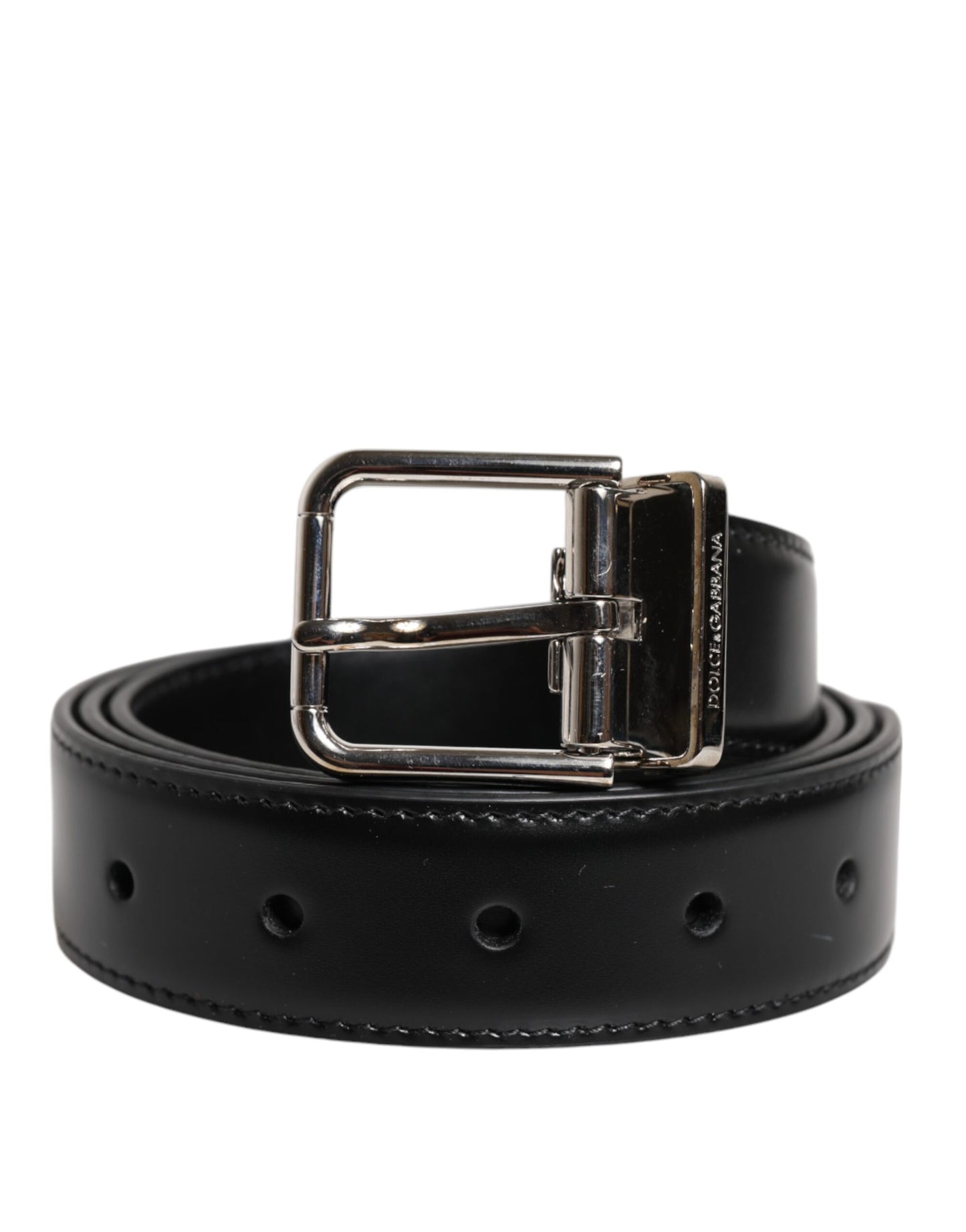 Dolce & Gabbana Black Calf Leather Silver Metal Buckle Belt