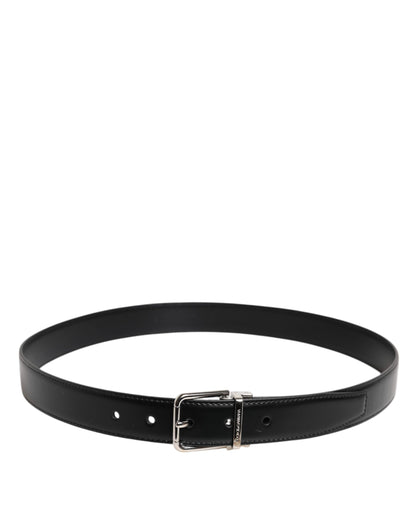 Dolce & Gabbana Black Calf Leather Silver Metal Buckle Belt