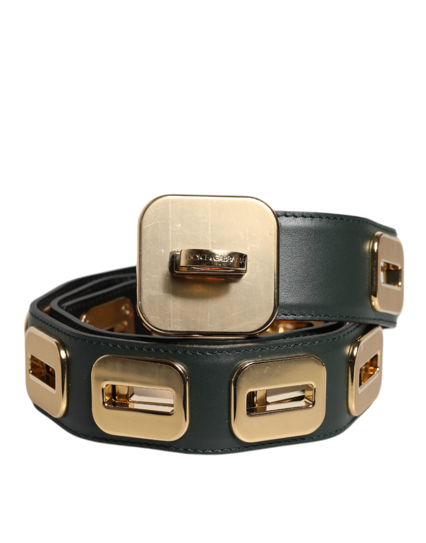 Dolce & Gabbana Green Leather Gold Tone Rotating Buckle Belt