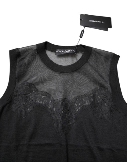 Dolce & Gabbana Black Lace Sheer Crew Neck Sleeveless Top