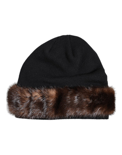 Dolce & Gabbana Black Fur Embellish Knitted Winter Beanie Hat