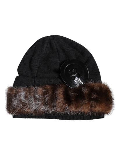 Dolce & Gabbana Black Fur Embellish Knitted Winter Beanie Hat