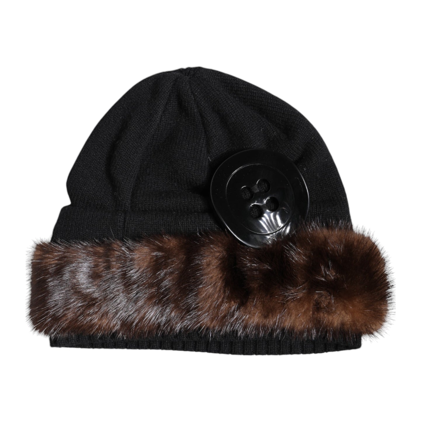 Dolce & Gabbana Black Fur Embellish Knitted Winter Beanie Hat