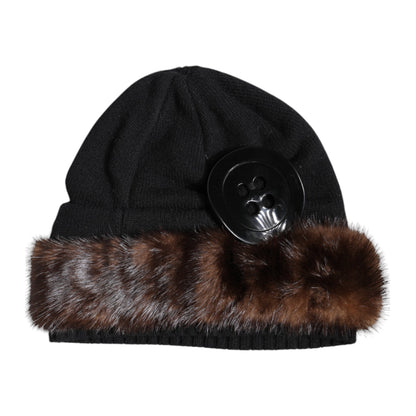 Dolce & Gabbana Black Fur Embellish Knitted Winter Beanie Hat