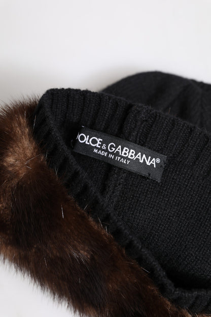 Dolce & Gabbana Black Fur Embellish Knitted Winter Beanie Hat