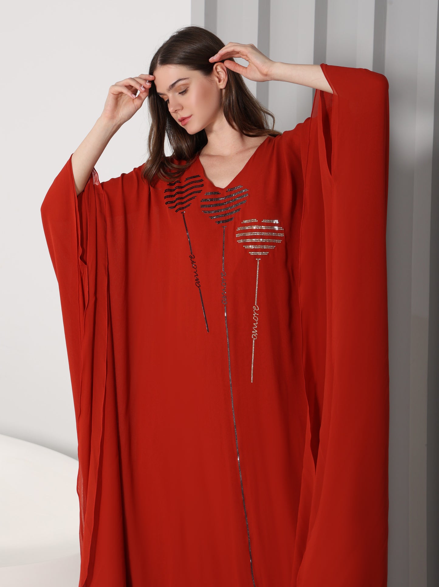 Mariam crystal-embellished red chiffon georgette kaftan