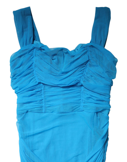 Dolce & Gabbana Blue Mesh Trim Ruched Tulle Sheath Dress