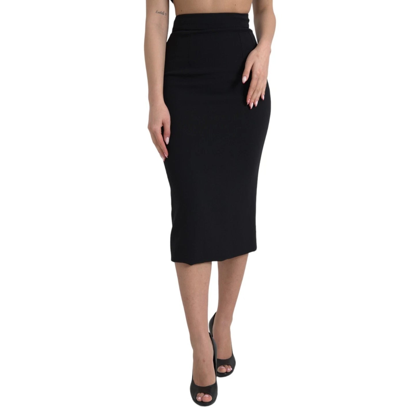 Dolce & Gabbana Black Wool High Waist Pencil Cut Midi Skirt