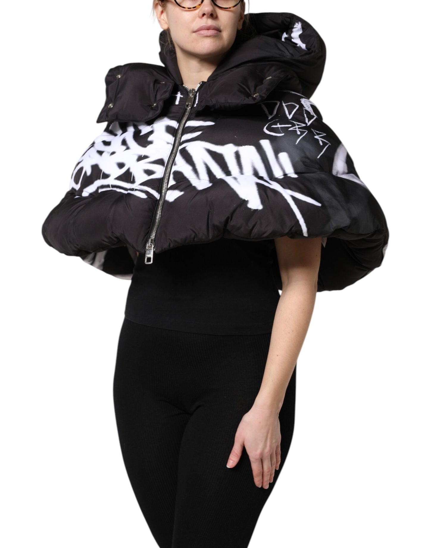 Dolce & Gabbana Black Padded Hooded Full Zip Cropped Jacket