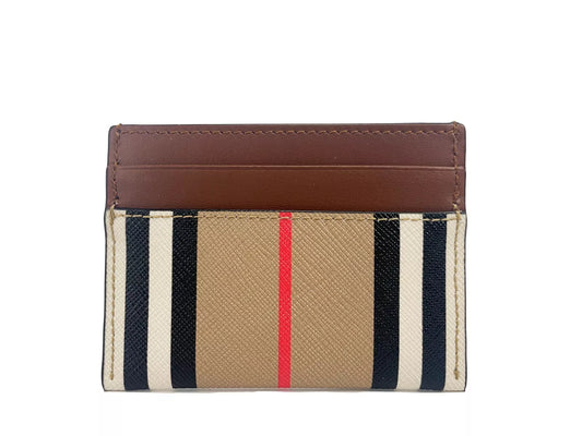 Burberry Sandon Tan Canvas Check Printed Leather Slim Card Case Wallet