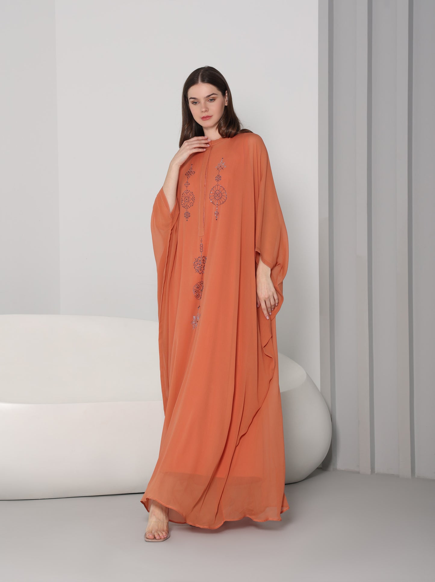 Sofia crystal-embellished brown chiffon georgette kaftan