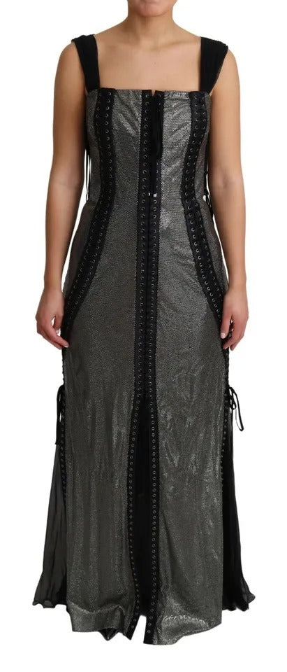 Dolce & Gabbana Black Crystals Lace Up Runway Gown Dress